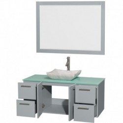48 inch Single Bathroom Vanity in Dove Gray, Green Glass Countertop, Avalon White Carrera Marble Sink, and 46 inch Mirror