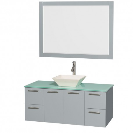 48 inch Single Bathroom Vanity in Dove Gray, Green Glass Countertop, Pyra Bone Porcelain Sink, and 46 inch Mirror