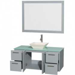48 inch Single Bathroom Vanity in Dove Gray, Green Glass Countertop, Pyra Bone Porcelain Sink, and 46 inch Mirror