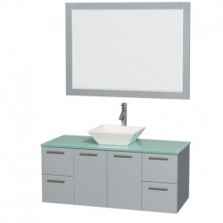 48 inch Single Bathroom Vanity in Dove Gray, Green Glass Countertop, Pyra White Porcelain Sink, and 46 inch Mirror