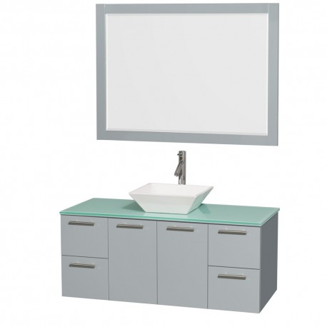 48 inch Single Bathroom Vanity in Dove Gray, Green Glass Countertop, Pyra White Porcelain Sink, and 46 inch Mirror
