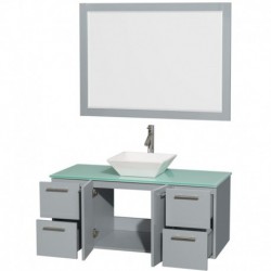 48 inch Single Bathroom Vanity in Dove Gray, Green Glass Countertop, Pyra White Porcelain Sink, and 46 inch Mirror