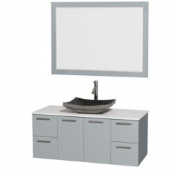 48 inch Single Bathroom Vanity in Dove Gray, White Man-Made Stone Countertop, Altair Black Granite Sink, and 46 inch Mirror
