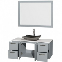48 inch Single Bathroom Vanity in Dove Gray, White Man-Made Stone Countertop, Altair Black Granite Sink, and 46 inch Mirror