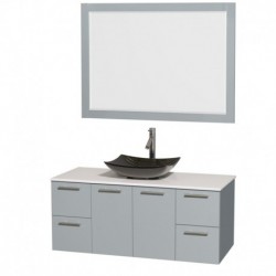 48 inch Single Bathroom Vanity in Dove Gray, White Man-Made Stone Countertop, Arista Black Granite Sink, and 46 inch Mirror