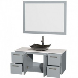 48 inch Single Bathroom Vanity in Dove Gray, White Man-Made Stone Countertop, Arista Black Granite Sink, and 46 inch Mirror