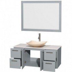 48 inch Single Bathroom Vanity in Dove Gray, White Man-Made Stone Countertop, Arista Ivory Marble Sink, and 46 inch Mirror