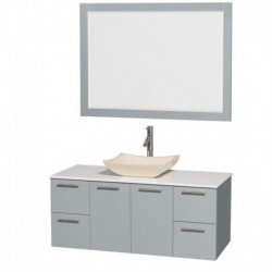 48 inch Single Bathroom Vanity in Dove Gray, White Man-Made Stone Countertop, Avalon Ivory Marble Sink, and 46 inch Mirror