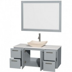 48 inch Single Bathroom Vanity in Dove Gray, White Man-Made Stone Countertop, Avalon Ivory Marble Sink, and 46 inch Mirror