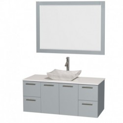 48 inch Single Bathroom Vanity in Dove Gray, White Man-Made Stone Countertop, Avalon White Carrera Marble Sink, and 46 inch Mir