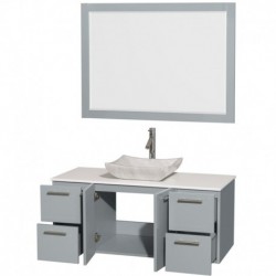 48 inch Single Bathroom Vanity in Dove Gray, White Man-Made Stone Countertop, Avalon White Carrera Marble Sink, and 46 inch Mir