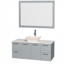 48 inch Single Bathroom Vanity in Dove Gray, White Man-Made Stone Countertop, Pyra Bone Porcelain Sink, and 46 inch Mirror