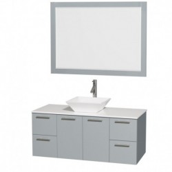 48 inch Single Bathroom Vanity in Dove Gray, White Man-Made Stone Countertop, Pyra White Porcelain Sink, and 46 inch Mirror