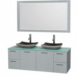60 inch Double Bathroom Vanity in Dove Gray, Green Glass Countertop, Altair Black Granite Sinks, and 58 inch Mirror