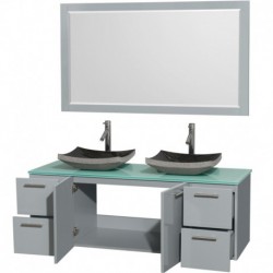 60 inch Double Bathroom Vanity in Dove Gray, Green Glass Countertop, Altair Black Granite Sinks, and 58 inch Mirror