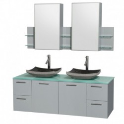 60 inch Double Bathroom Vanity in Dove Gray, Green Glass Countertop, Altair Black Granite Sinks, and Medicine Cabinet