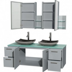 60 inch Double Bathroom Vanity in Dove Gray, Green Glass Countertop, Altair Black Granite Sinks, and Medicine Cabinet