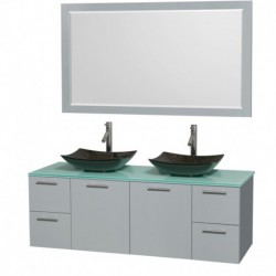 60 inch Double Bathroom Vanity in Dove Gray, Green Glass Countertop, Arista Black Granite Sinks, and 58 inch Mirror