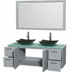 60 inch Double Bathroom Vanity in Dove Gray, Green Glass Countertop, Arista Black Granite Sinks, and 58 inch Mirror