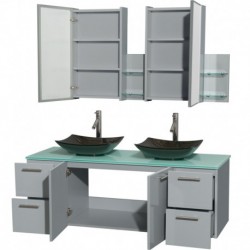 60 inch Double Bathroom Vanity in Dove Gray, Green Glass Countertop, Arista Black Granite Sinks, and Medicine Cabinet