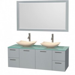 60 inch Double Bathroom Vanity in Dove Gray, Green Glass Countertop, Arista Ivory Marble Sinks, and 58 inch Mirror