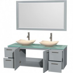 60 inch Double Bathroom Vanity in Dove Gray, Green Glass Countertop, Arista Ivory Marble Sinks, and 58 inch Mirror