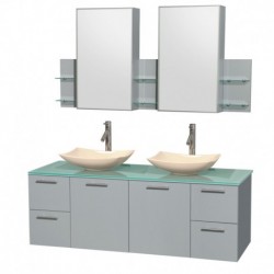 60 inch Double Bathroom Vanity in Dove Gray, Green Glass Countertop, Arista Ivory Marble Sinks, and Medicine Cabinet