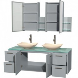 60 inch Double Bathroom Vanity in Dove Gray, Green Glass Countertop, Arista Ivory Marble Sinks, and Medicine Cabinet