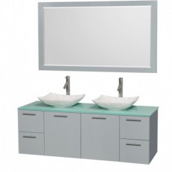 60 inch Double Bathroom Vanity in Dove Gray, Green Glass Countertop, Arista White Carrera Marble Sinks, and 58 inch Mirror