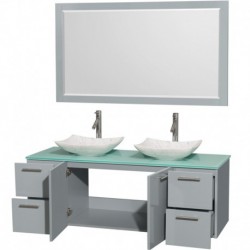 60 inch Double Bathroom Vanity in Dove Gray, Green Glass Countertop, Arista White Carrera Marble Sinks, and 58 inch Mirror