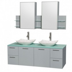60 inch Double Bathroom Vanity in Dove Gray, Green Glass Countertop, Arista White Carrera Marble Sinks, and Medicine Cabinet