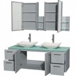 60 inch Double Bathroom Vanity in Dove Gray, Green Glass Countertop, Arista White Carrera Marble Sinks, and Medicine Cabinet