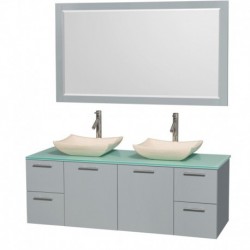 60 inch Double Bathroom Vanity in Dove Gray, Green Glass Countertop, Avalon Ivory Marble Sinks, and 58 inch Mirror