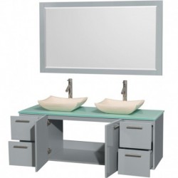 60 inch Double Bathroom Vanity in Dove Gray, Green Glass Countertop, Avalon Ivory Marble Sinks, and 58 inch Mirror