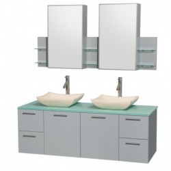 60 inch Double Bathroom Vanity in Dove Gray, Green Glass Countertop, Avalon Ivory Marble Sinks, and Medicine Cabinet
