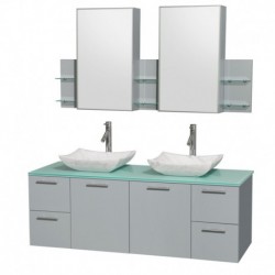 60 inch Double Bathroom Vanity in Dove Gray, Green Glass Countertop, Avalon White Carrera Marble Sinks, and Medicine Cabinet