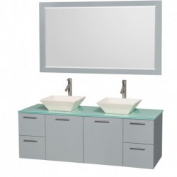 60 inch Double Bathroom Vanity in Dove Gray, Green Glass Countertop, Pyra Bone Porcelain Sinks, and 58 inch Mirror