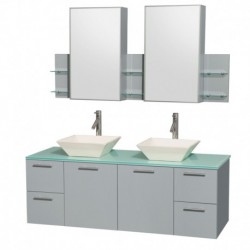 60 inch Double Bathroom Vanity in Dove Gray, Green Glass Countertop, Pyra Bone Porcelain Sinks, and Medicine Cabinet