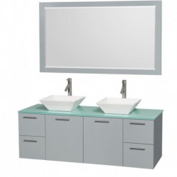 60 inch Double Bathroom Vanity in Dove Gray, Green Glass Countertop, Pyra White Porcelain Sinks, and 58 inch Mirror
