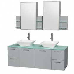 60 inch Double Bathroom Vanity in Dove Gray, Green Glass Countertop, Pyra White Porcelain Sinks, and Medicine Cabinet