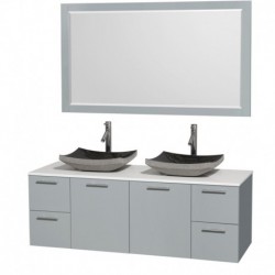 60 inch Double Bathroom Vanity in Dove Gray, White Man-Made Stone Countertop, Altair Black Granite Sinks, and 58 inch Mirror