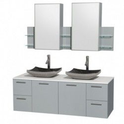 60 inch Double Bathroom Vanity in Dove Gray, White Man-Made Stone Countertop, Altair Black Granite Sinks, and Medicine Cabinet