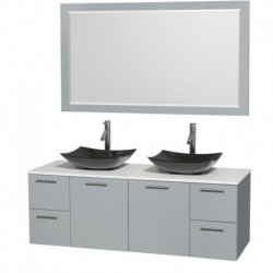 60 inch Double Bathroom Vanity in Dove Gray, White Man-Made Stone Countertop, Arista Black Granite Sinks, and 58 inch Mirror