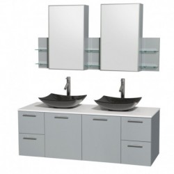 60 inch Double Bathroom Vanity in Dove Gray, White Man-Made Stone Countertop, Arista Black Granite Sinks, and Medicine Cabinet