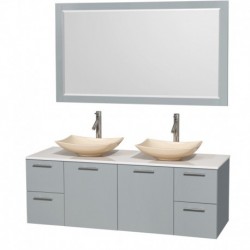 60 inch Double Bathroom Vanity in Dove Gray, White Man-Made Stone Countertop, Arista Ivory Marble Sinks, and 58 inch Mirror