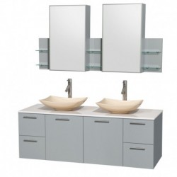 60 inch Double Bathroom Vanity in Dove Gray, White Man-Made Stone Countertop, Arista Ivory Marble Sinks, and Medicine Cabinet