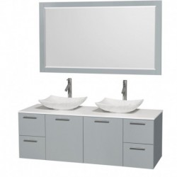 60 inch Double Bathroom Vanity in Dove Gray, White Man-Made Stone Countertop, Arista White Carrera Marble Sinks, and 58 inch Mi