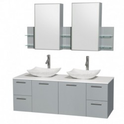 60 inch Double Bathroom Vanity in Dove Gray, White Man-Made Stone Countertop, Arista White Carrera Marble Sinks, and Medicine C