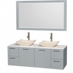 60 inch Double Bathroom Vanity in Dove Gray, White Man-Made Stone Countertop, Avalon Ivory Marble Sinks, and 58 inch Mirror