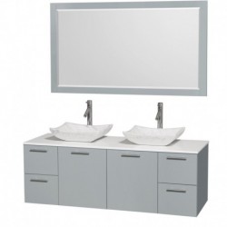 60 inch Double Bathroom Vanity in Dove Gray, White Man-Made Stone Countertop, Avalon White Carrera Marble Sinks, and 58 inch Mi